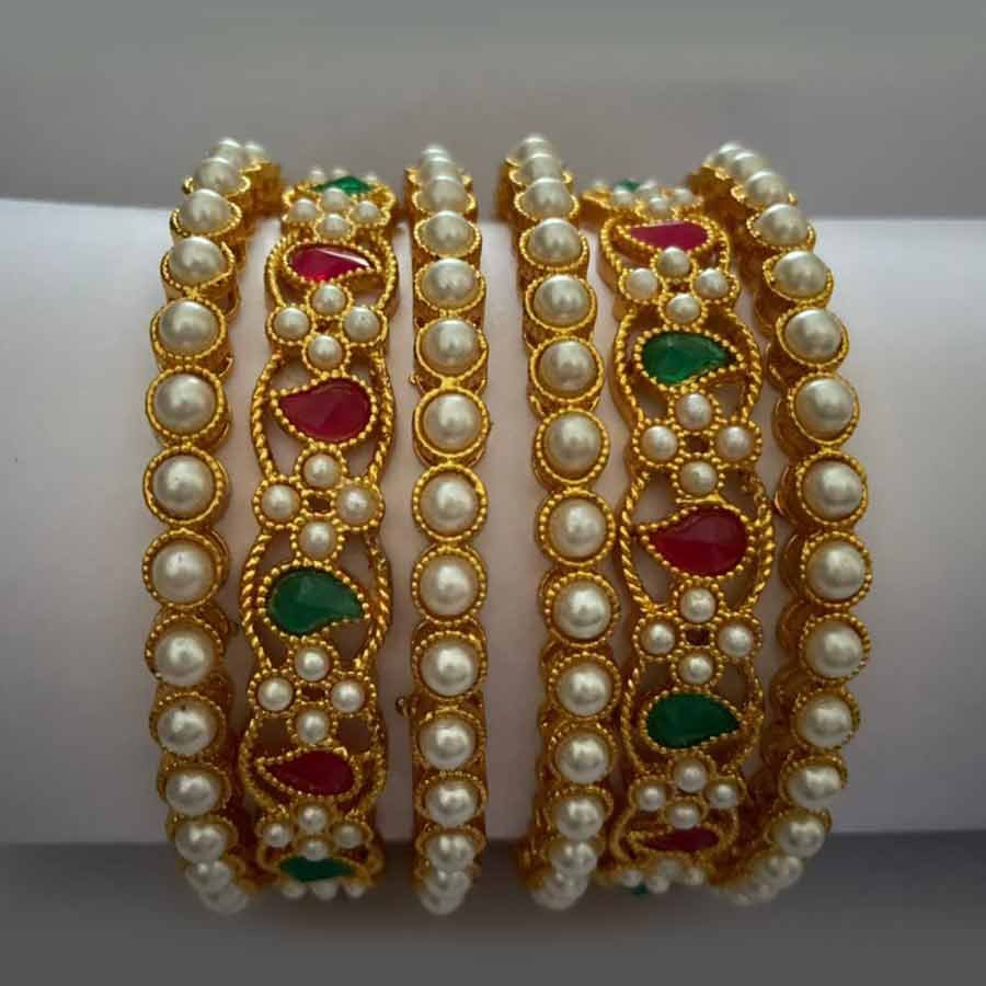 Kayaa Fashion Golden Alloy Metal Bangles with Pink,Green Stones and Beads 