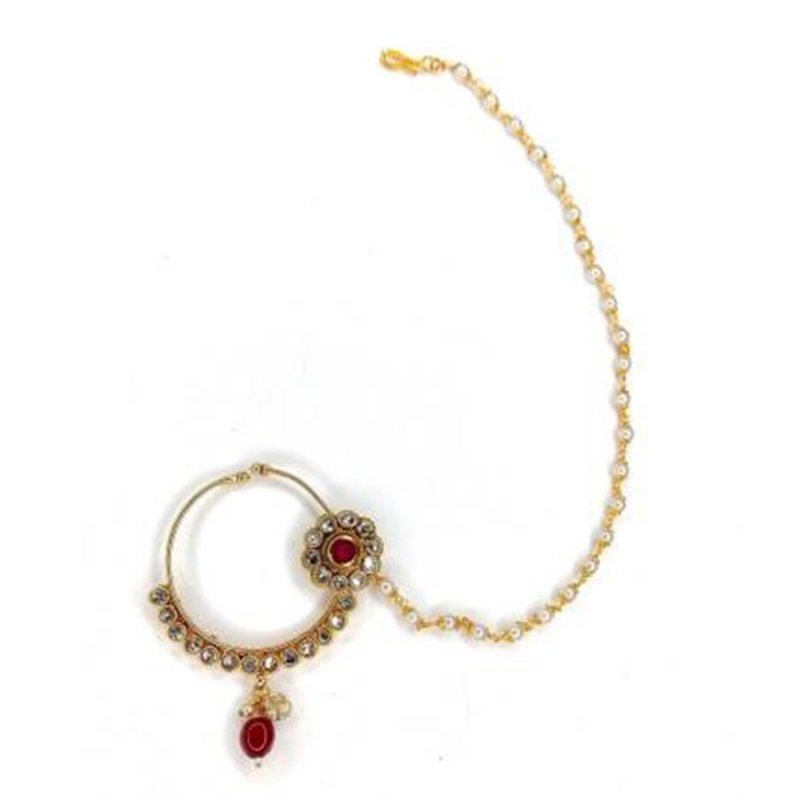 Traditional  Copper Kundan And Pearl Nose Ring Indian Bollywood AD Nose Ring/Nath With Pearl Layered Chain For Women 