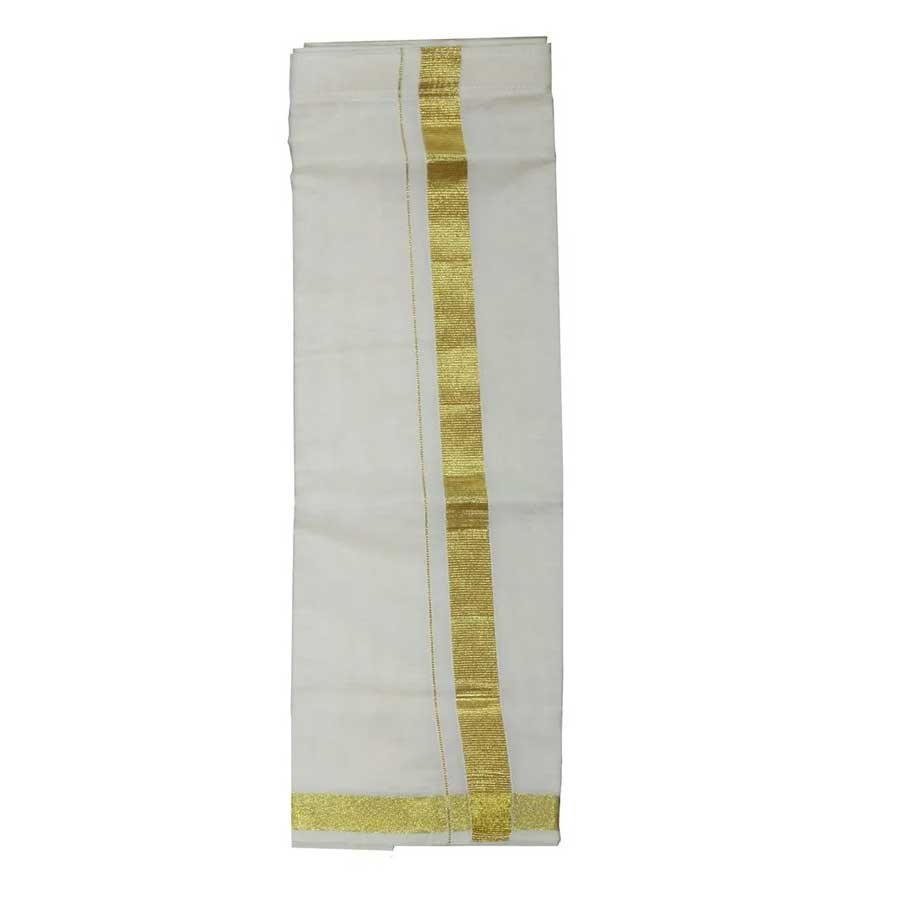 Off white Cotton Dhoti, Velcro design for easy usage, Kasavu Mundu, Care- Soft Hand-wash Preferred.
