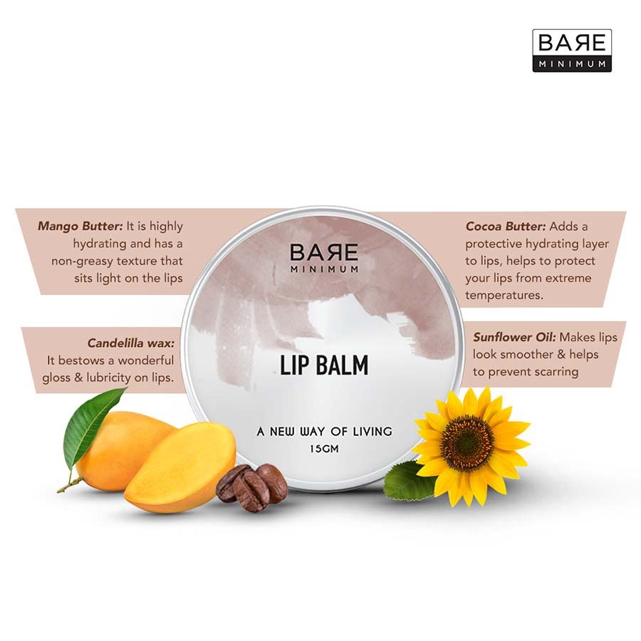 Bare Minimum | Lip Balm | Petroleum-Free| With Mango Butter , Coconut Oil | Heals And Hydrates Cracked Lips | For All Skin Types