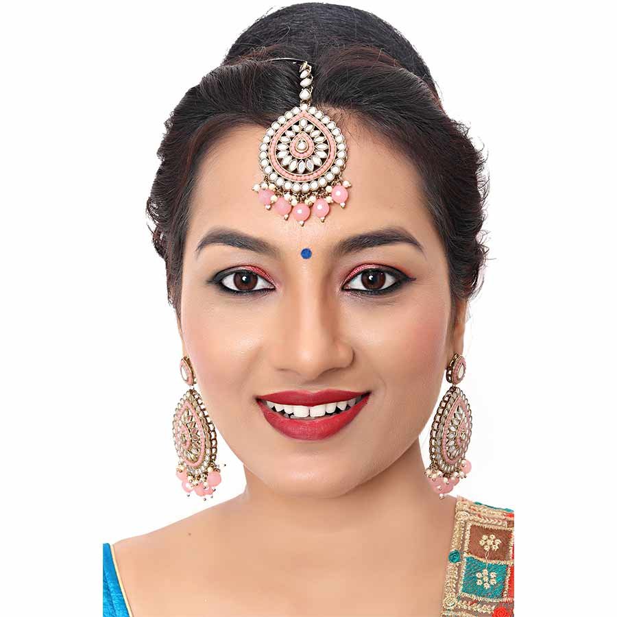 Kayaa Gold Plated Mirror BabyPink Earring and Maang Tikka Set for Women 