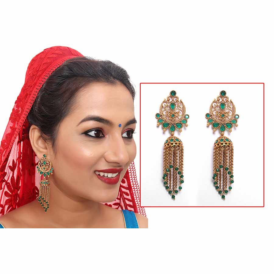 Kayaa Traditional Glamorous Green Earings in Brass with Crystal Stone and Designer Latkan
