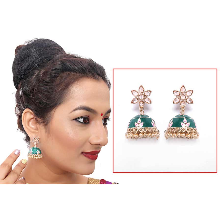 Latest Stylish Meenakari Pearl Jhumka Jhumki Traditional Earrings for Women and Girls( Green)