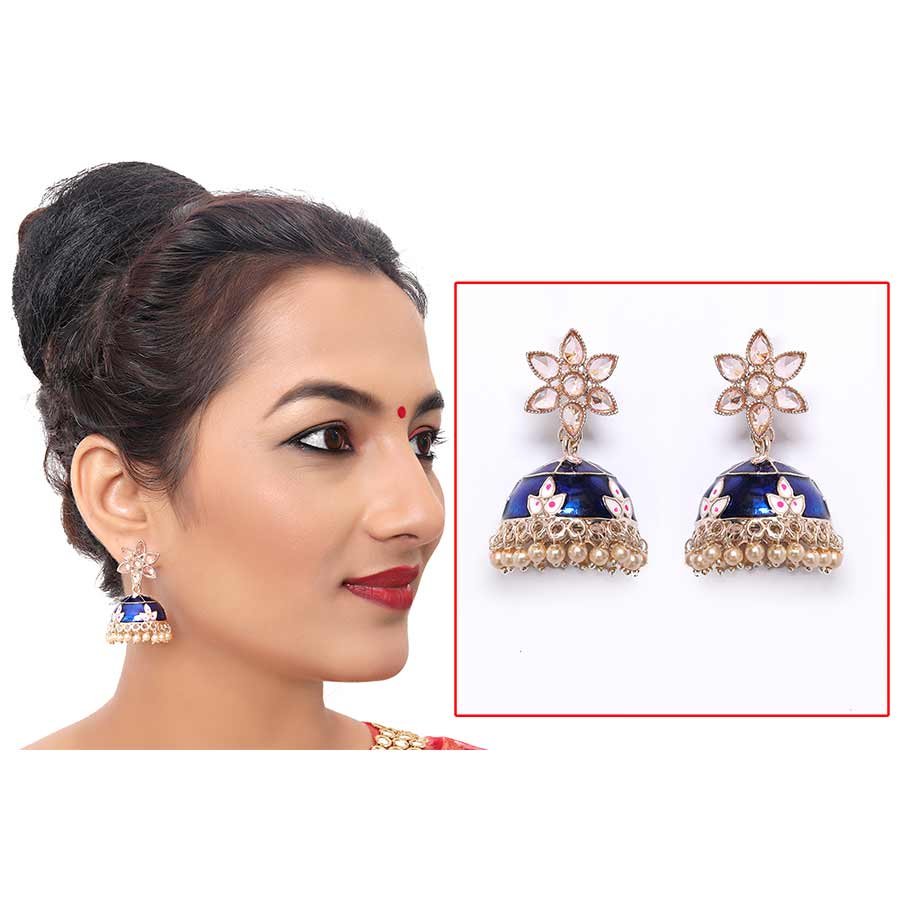 Latest Stylish Meenakari Pearl Jhumka Jhumki Traditional Earrings for Women and Girls (Navy Blue)
