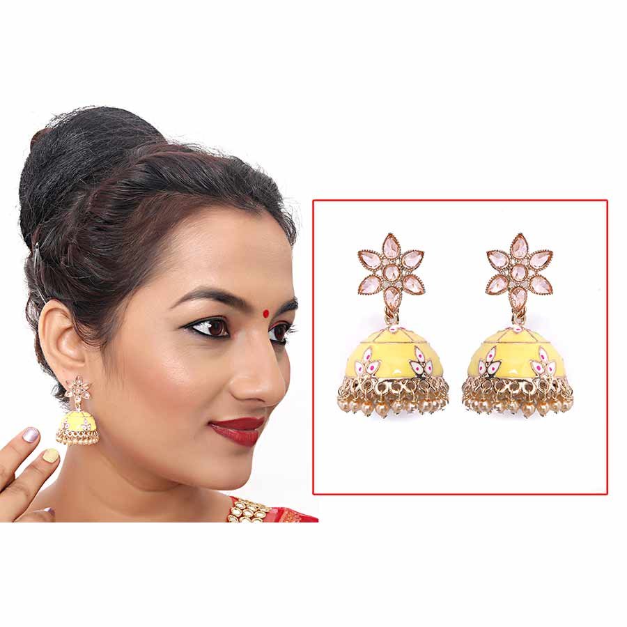 Latest Stylish Meenakari Pearl Jhumka Jhumki Traditional Earrings for Women and Girls(Yellow)