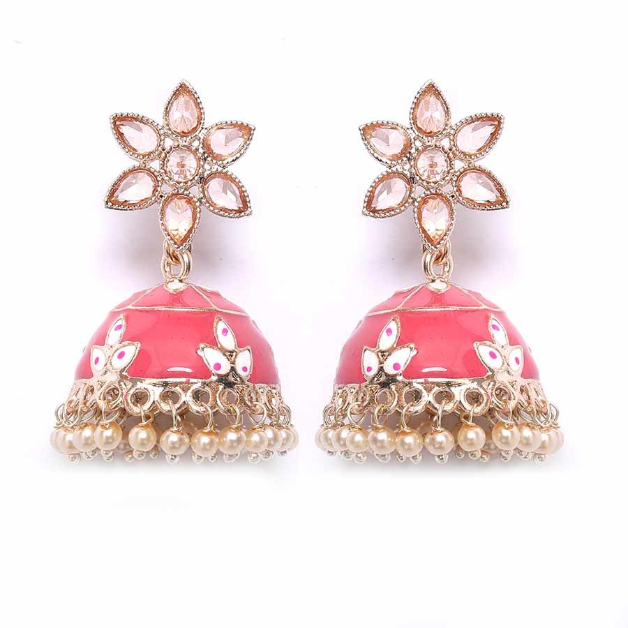 Latest Stylish Meenakari Pearl Jhumka Jhumki Traditional Earrings for Women and Girls (dark pink)