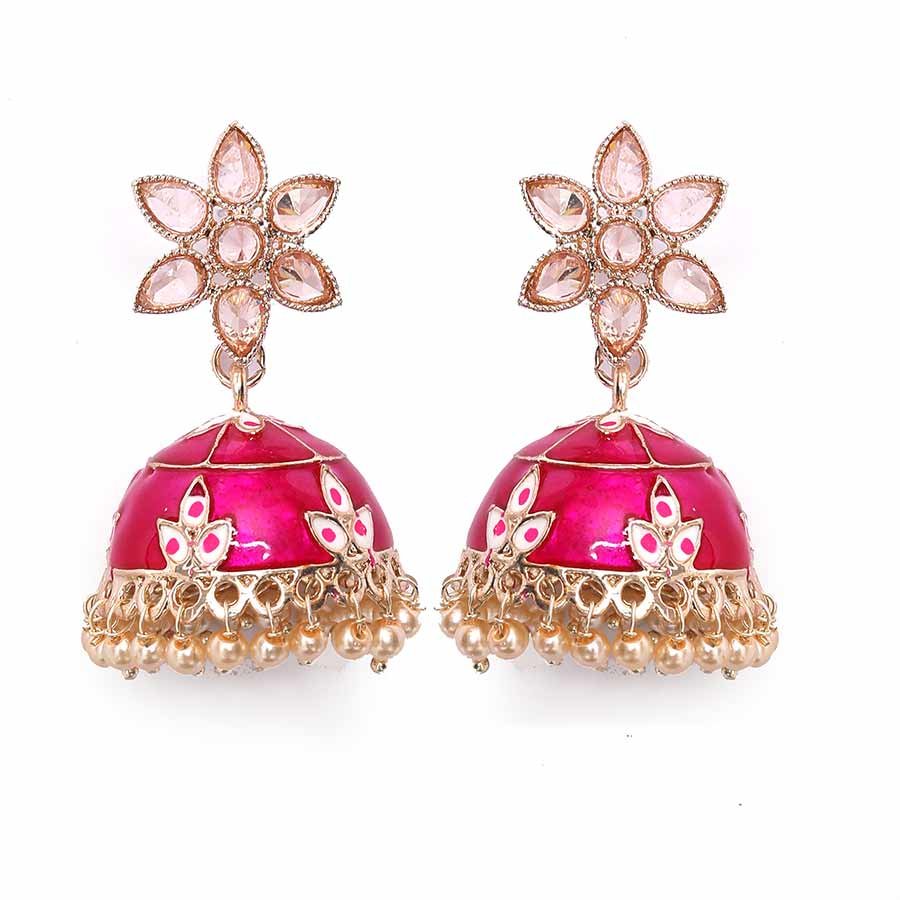 Latest Stylish Meenakari Pearl Jhumka Jhumki Traditional Earrings for Women and Girls - Ruby