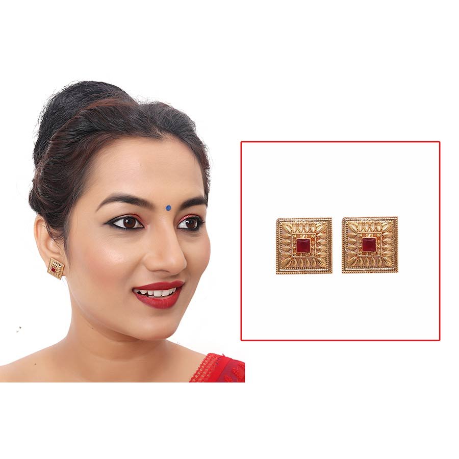 Ethnic Square Shaped Antique Gold Stud Earrings for Women and Girls
