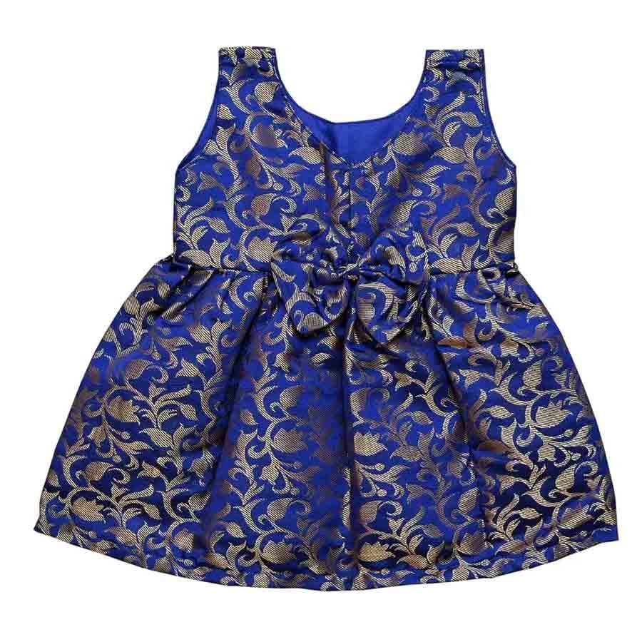 Exquisite from every angle, this ethnic dress offers a bespoke brocade design that's perfect for her first celebrations. Available in a polished blue brocade with a pretty bodice and a complementing classic bow.