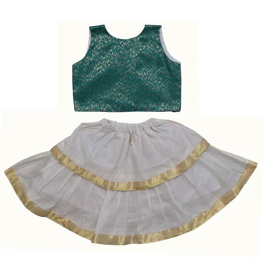 Hand crafted with love, this kasavu set with brocade bodice and tiered kasavu skirt will make your little princess look a million bucks with sheer comfort.