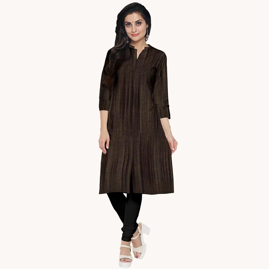 Tailored with fine and breathable hand woven fabric, this long kurti with princess cut and roll up sleeves is a wardrobe staple for every women.