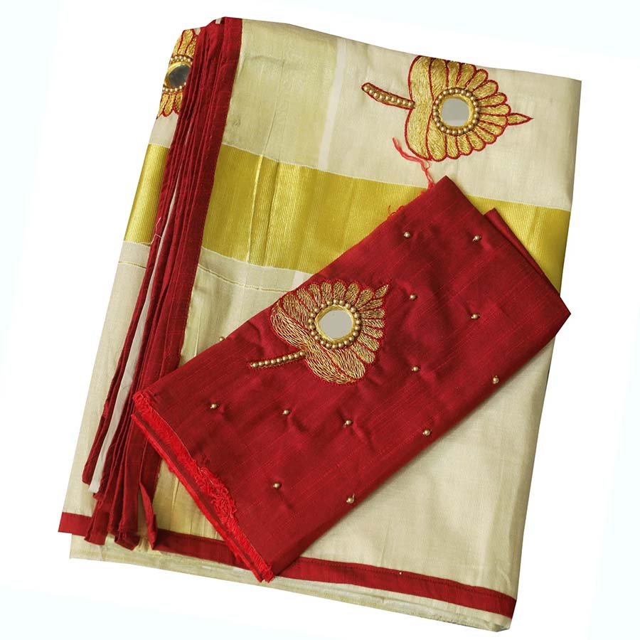 Kerala Kasavu Saree with Embroidery. (Item is made to order and will ship in 15-20 days after order confirmation)
