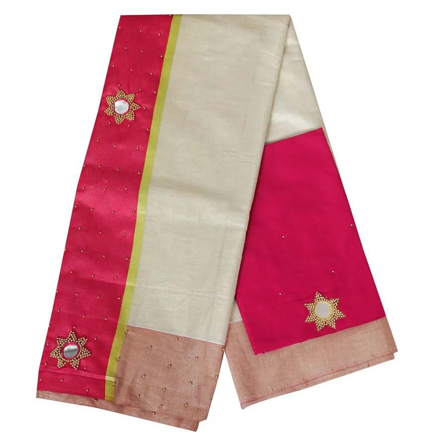 Kerala Tissue Saree With Shisha Embroidery
