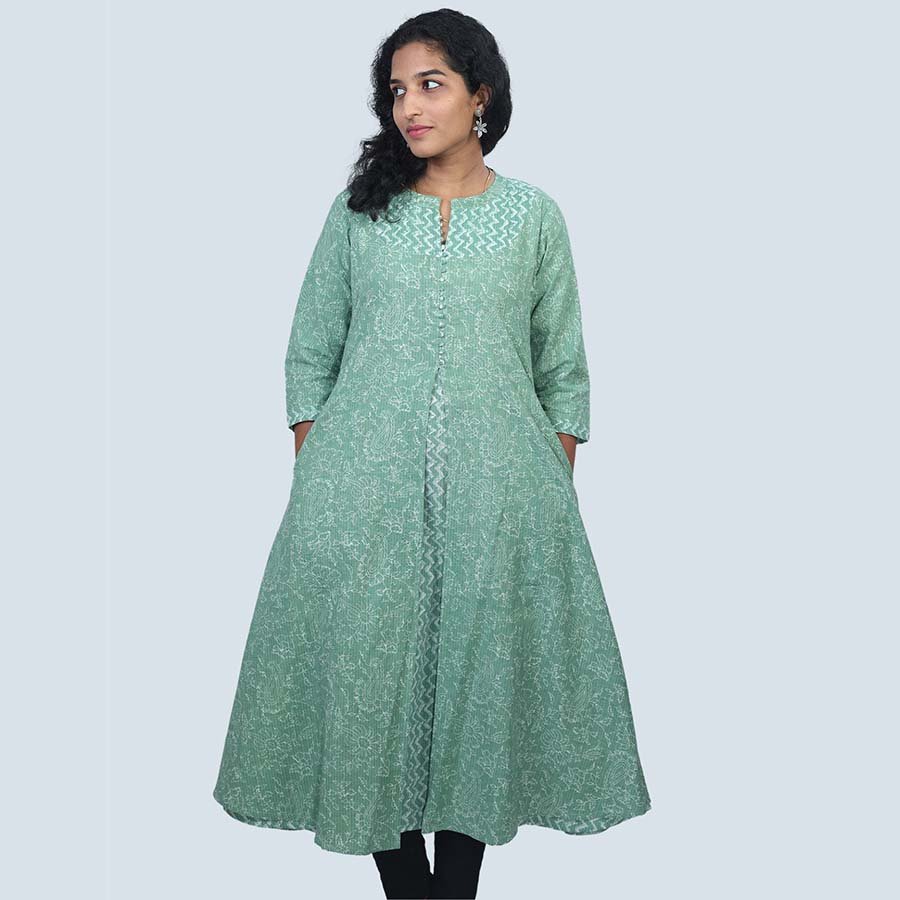 A-Line Flaired Floral Print Kurta Green