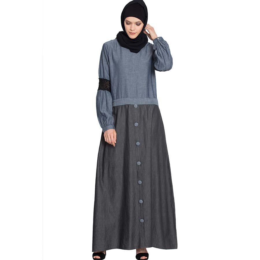Nazneen Denim Skirt Chambray top lace casual Abaya Blue and Black