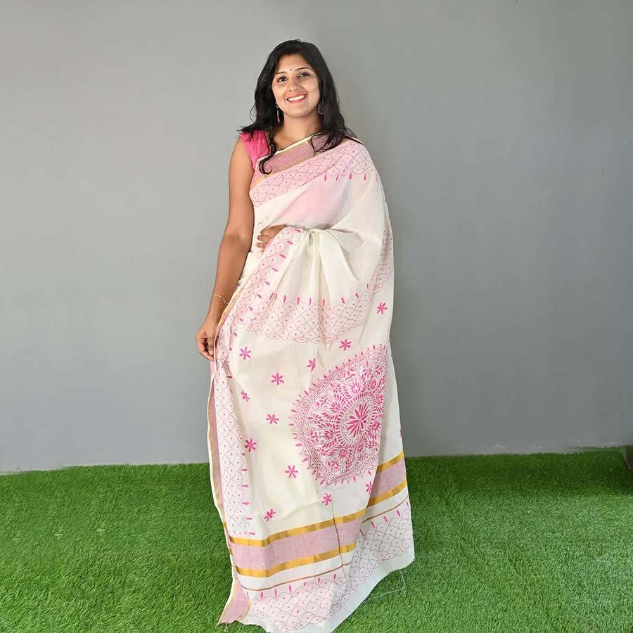 Kerala Saree With Kantha Embroidery