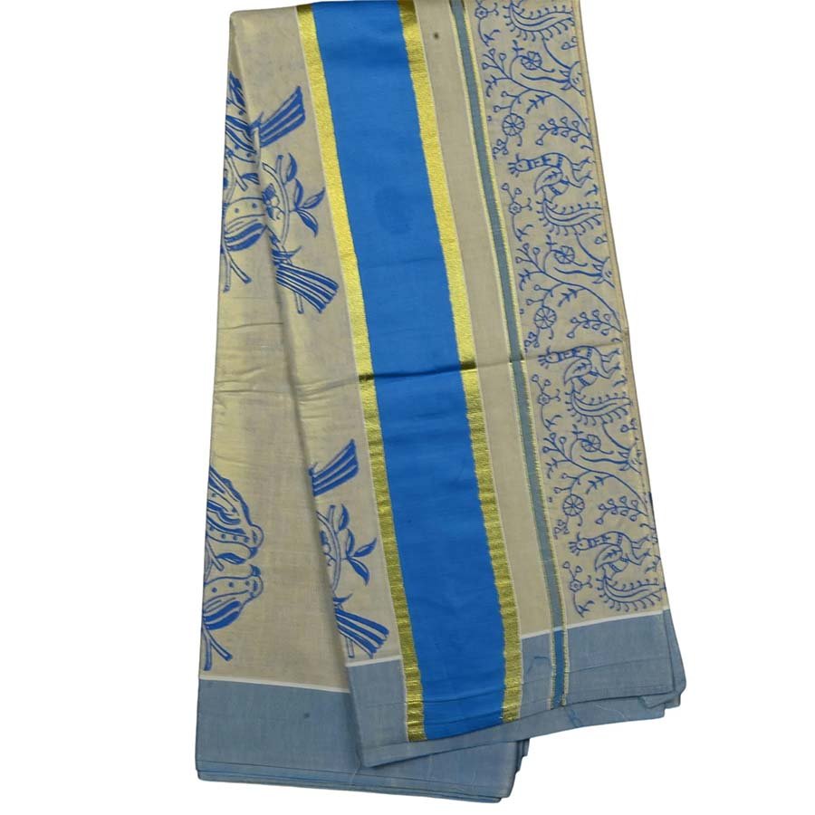 Traditional Block Printed Kerala Tissue Saree
