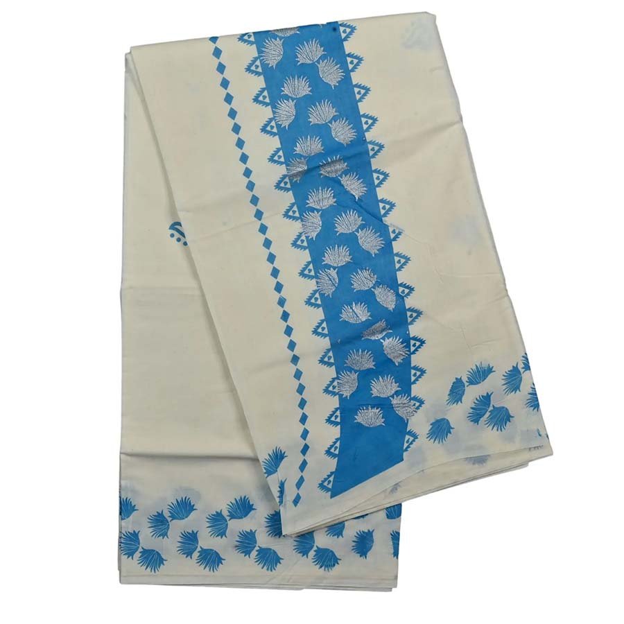 Cotton Kerala Saree With Blue Border

