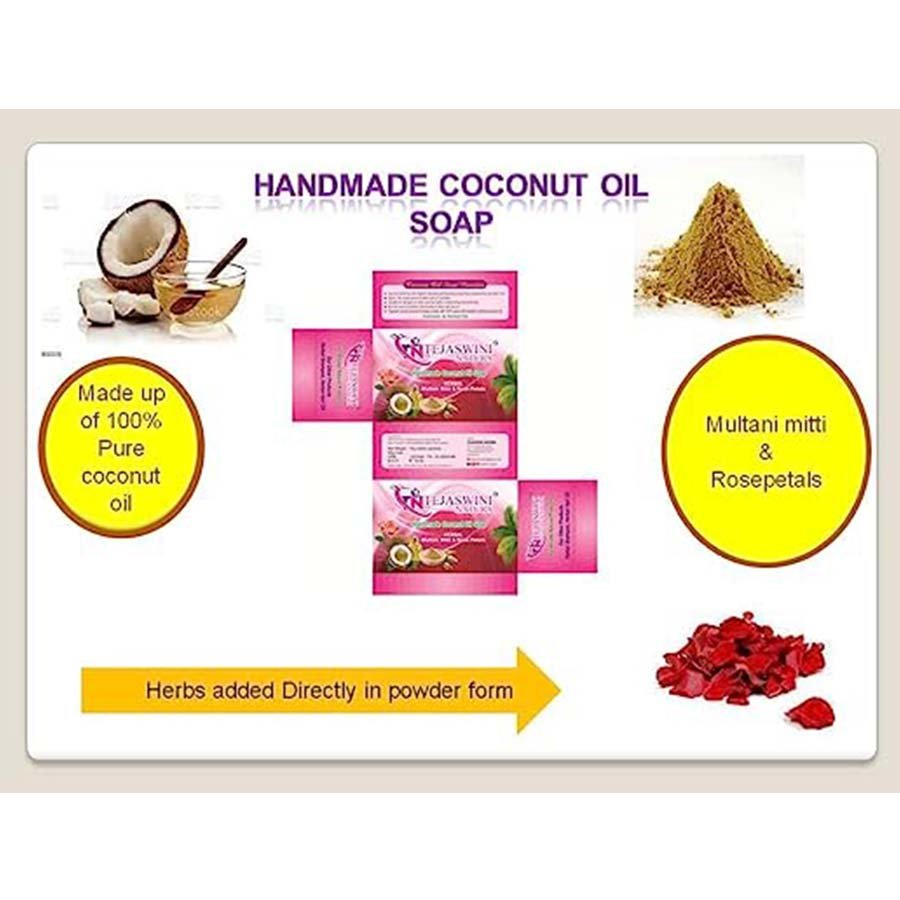 Tejaswini Natura Handmade Coconut Oil Soap Eco Combo 3 Nos x 75 Grams. Tejaswini Natura home made coconut oil soap is made with 100% pure coconut oil extracted through chekku.. Natural Ingredients, Herbs added direct form ( No Extract or essence). No artificial colouring agent. No talc powder.
