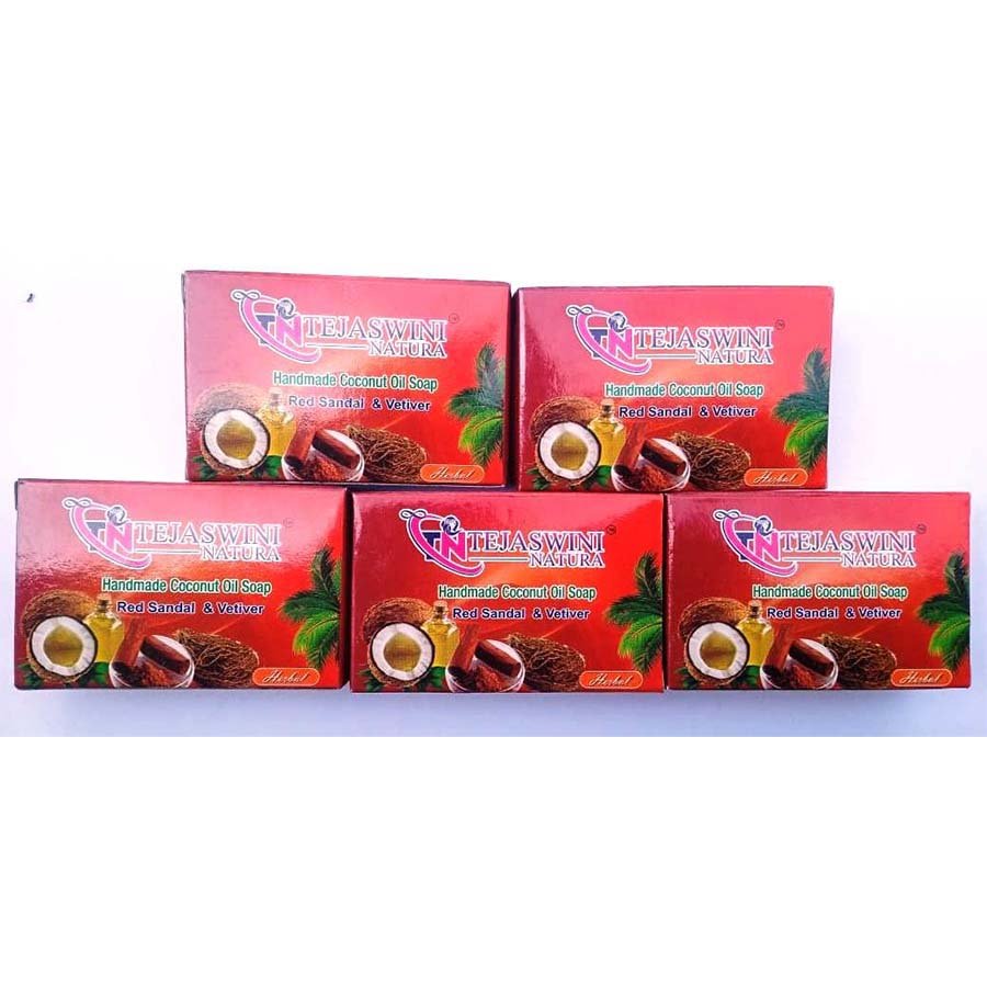 Tejaswini Natura Homemade Coconut Oil Soap Red Sandal And Vetiver Chrsopogan Regular Pack 5 Nos X 75